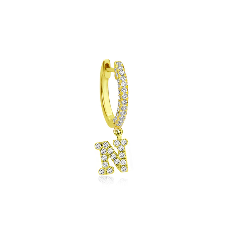 Single Yellow and White Gold "N" Initial Huggie