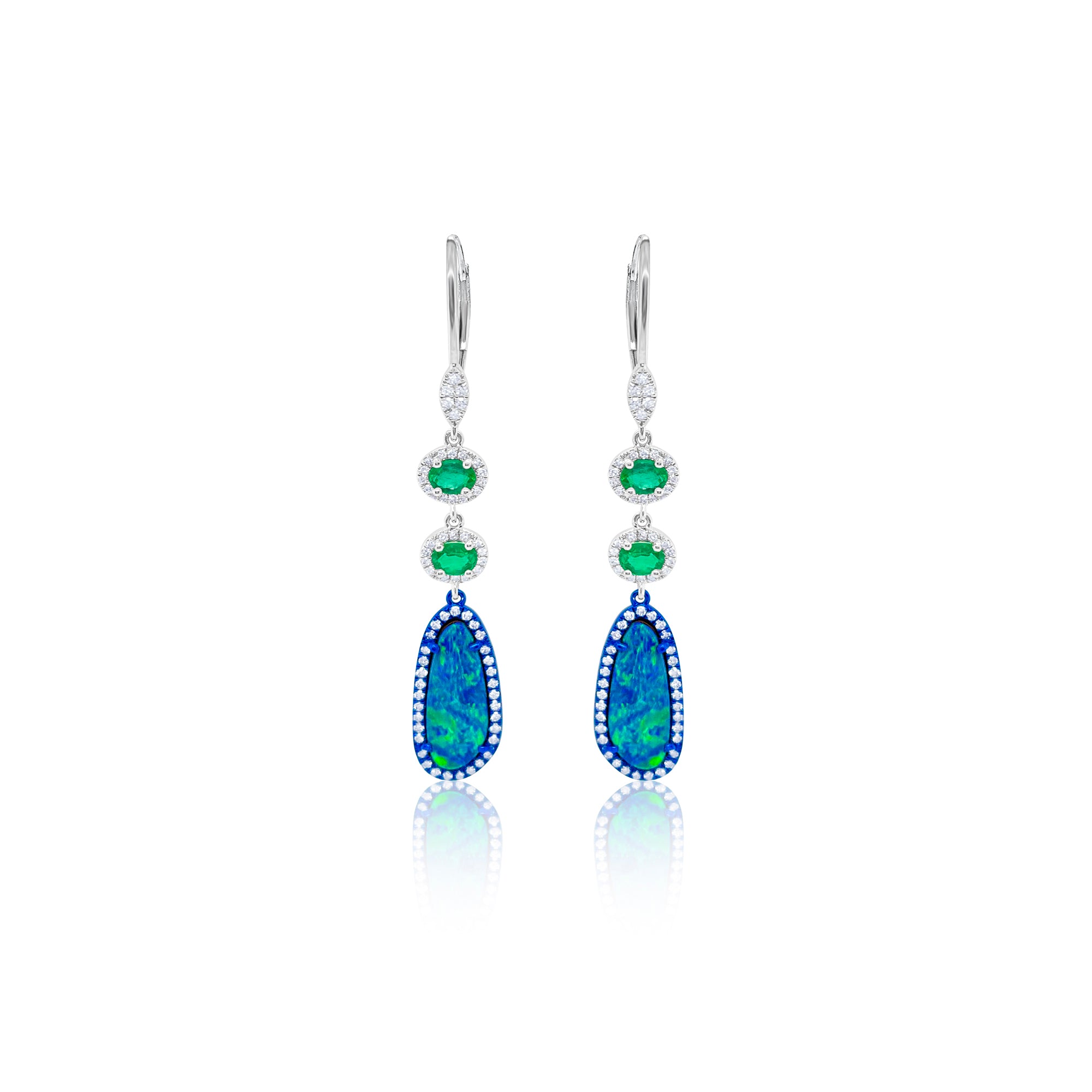 White Gold Blue Opal and Emerald Diamond Earrings