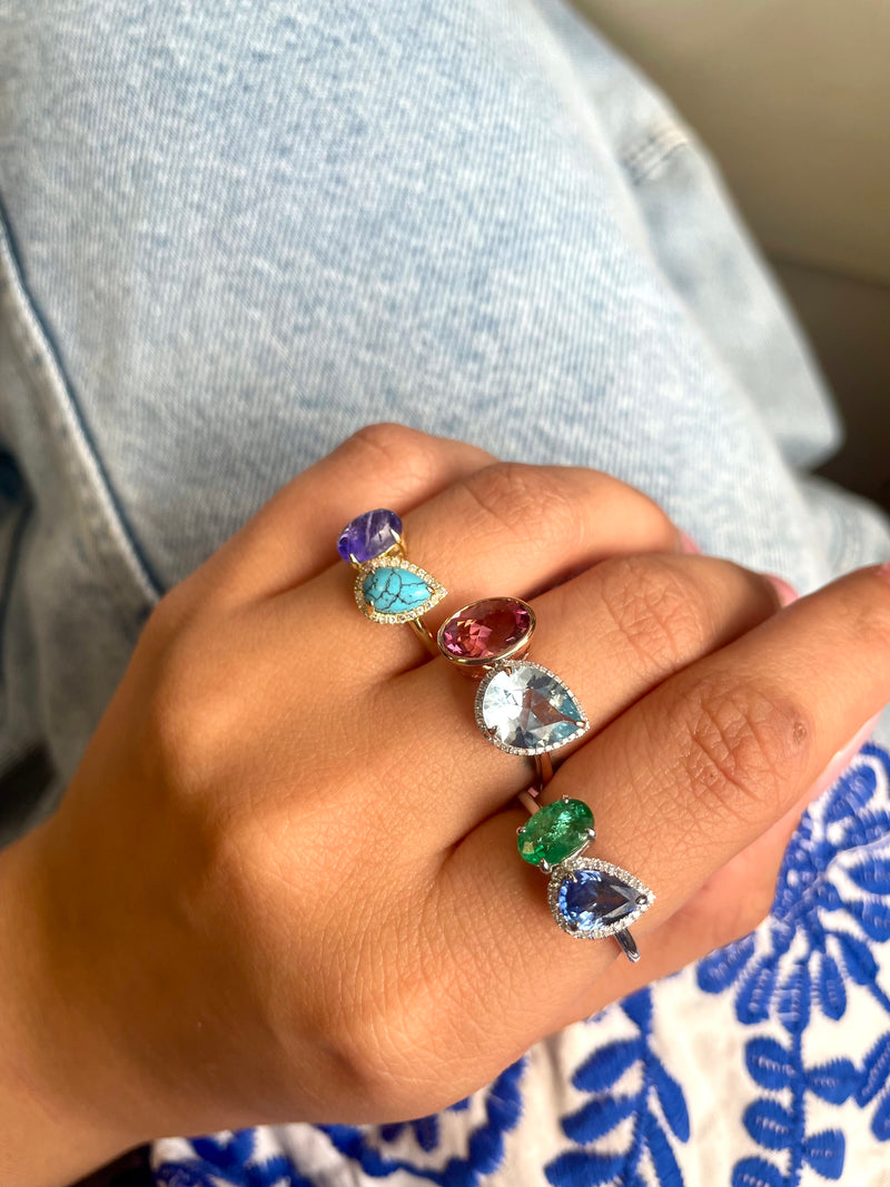 Toi et Moi: Yellow Gold Blue Tanzanite And Turquoise Ring