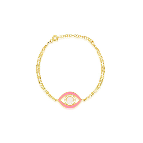 yellow gold double chained and pink evil eye bracelet