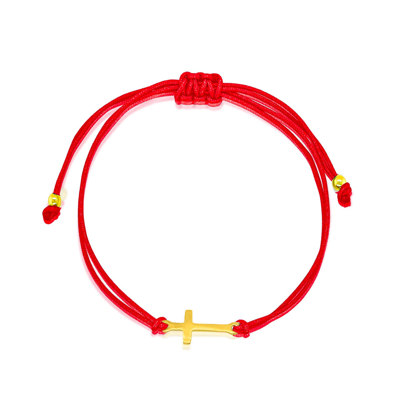 Dainty Gold Plated Cross Bracelet on Red Chord