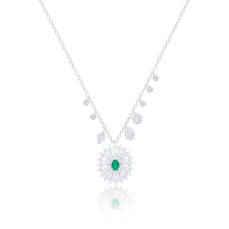 White Gold Diamond and Emerald Flower Necklace LAST ONE