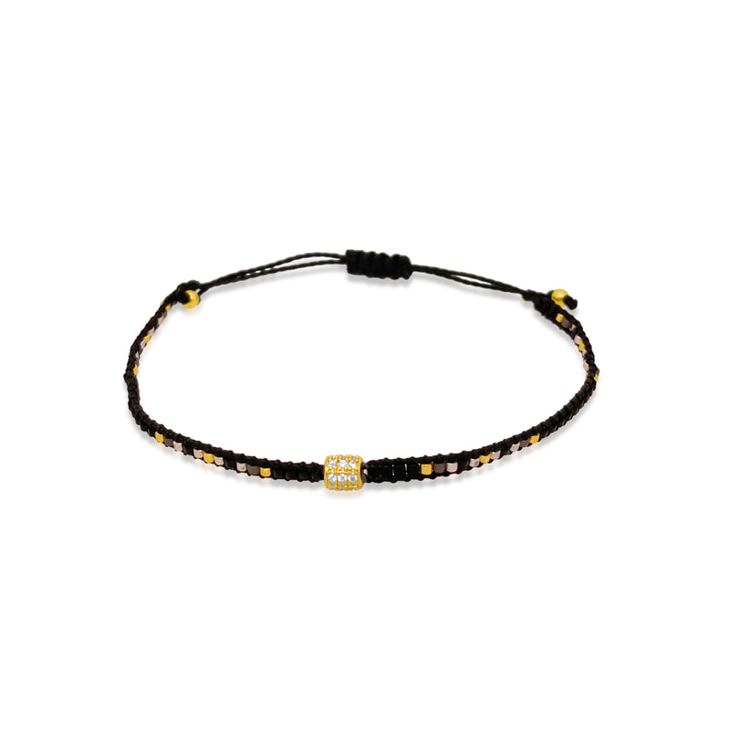 Dainty Woven Black and Gold  Bead Bracelet With CZ Bead