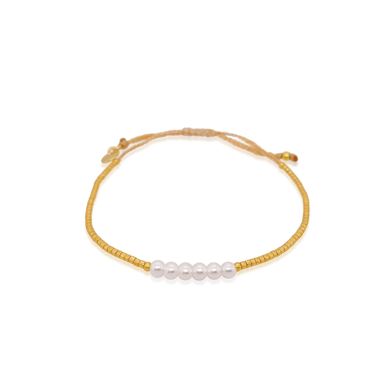 Gold Colored Microbead and Pearl Bracelet