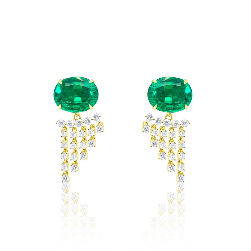 Yellow Gold Natural Diamond and Lab Emerald Earrings