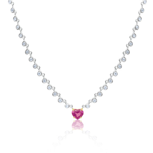 white gold and diamond necklace with pink sapphire heart