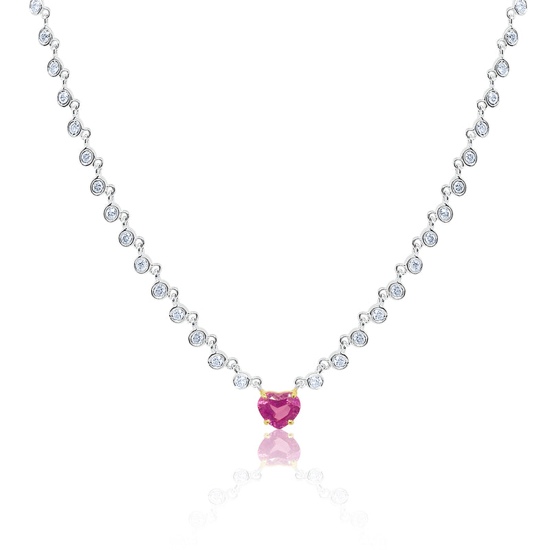 white gold and diamond necklace with pink sapphire heart
