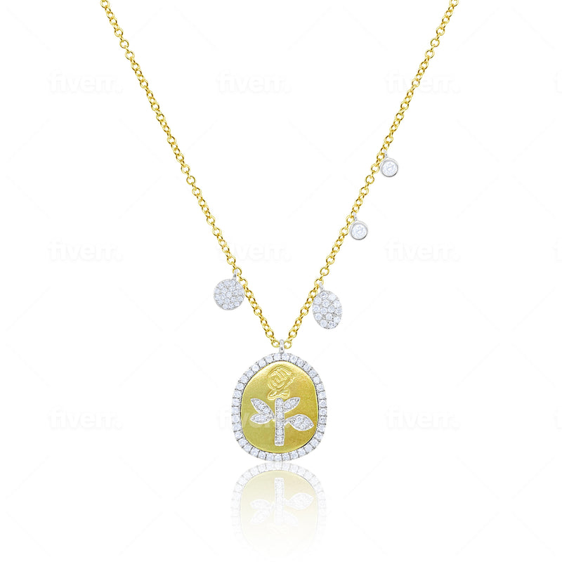 Brushed Gold Flower and Diamond Necklace