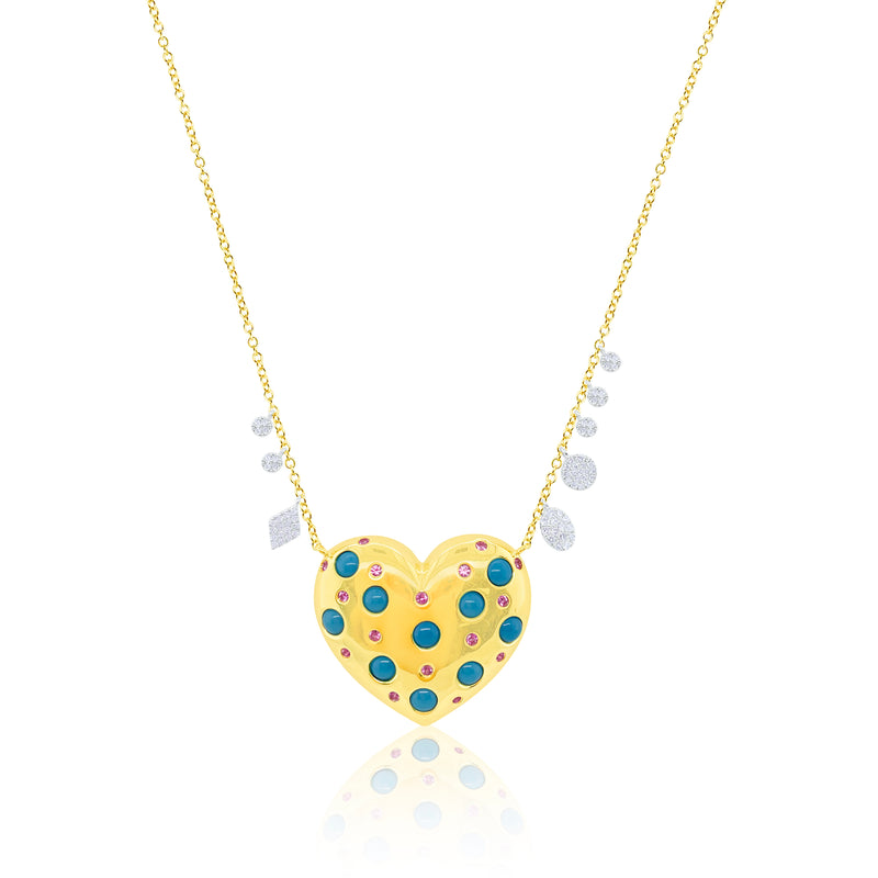 Yellow Gold Turquoise and Pink Sapphire Heart Necklace