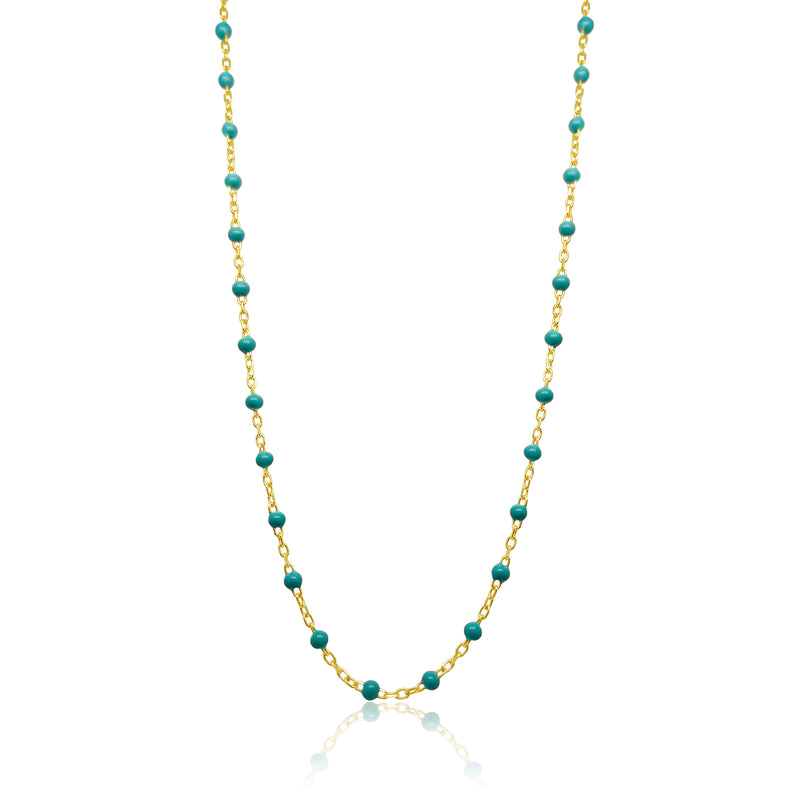 Dainty Turquoise Ball Chain Necklace 14kt Yellow Gold and Enamel