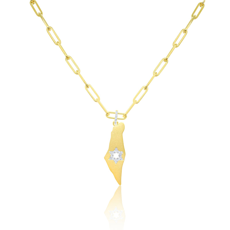 Yellow Gold Paperclip and Diamond Israel Necklace