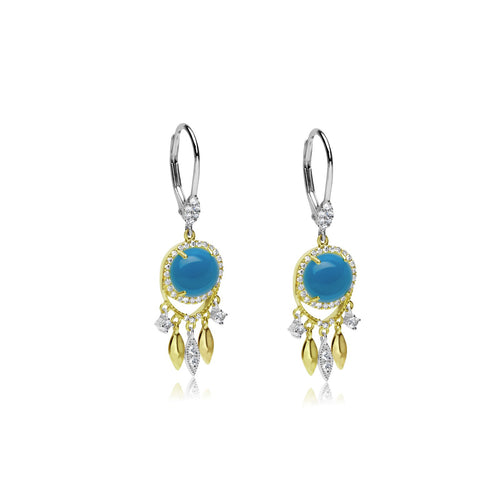 Yellow and White Gold Blue Opal Dreamcatchers Dangling Earrings