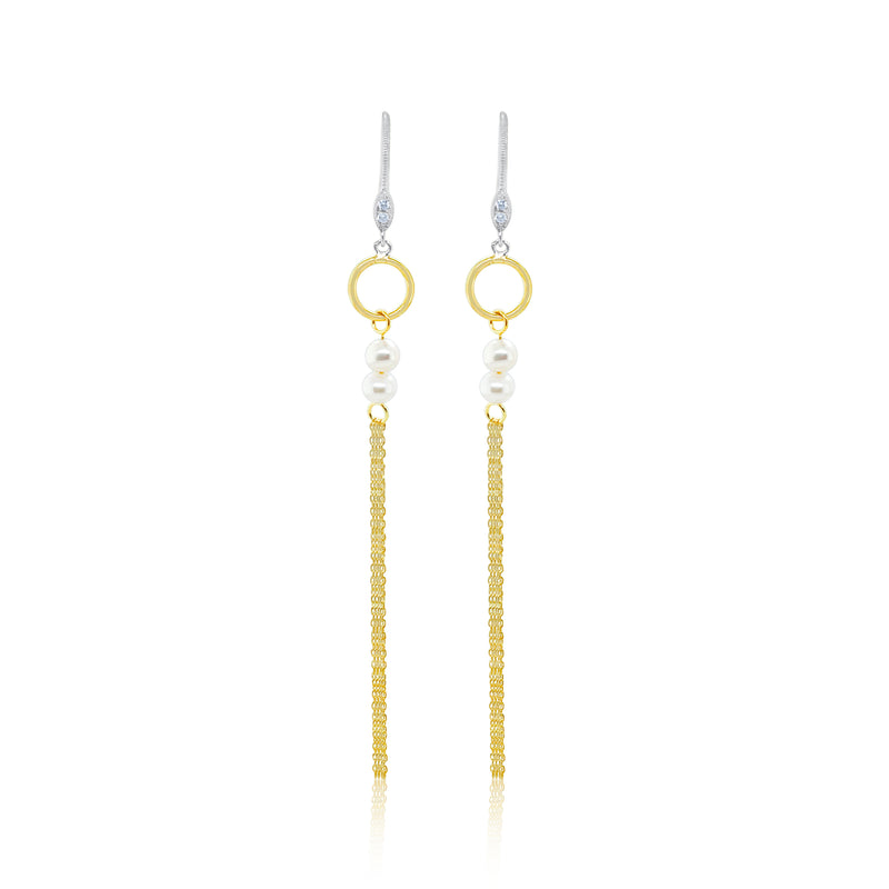 Yellow Gold Pearl and Fringe Earrings