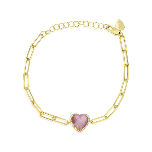 yellow gold paperclip and pink amethyst and diamond heart bracelet 