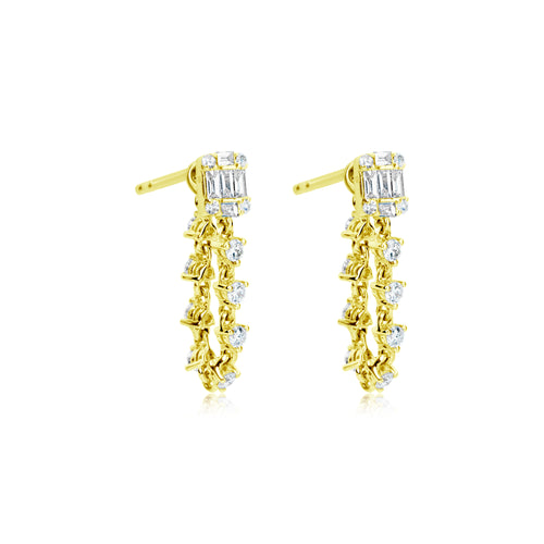 Yellow gold emerald illusion drop earrings with diamond chain
