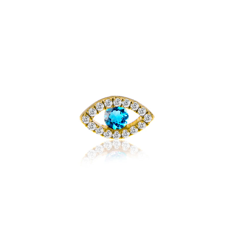 yellow gold and diamond evil eye stud with centered blue topaz