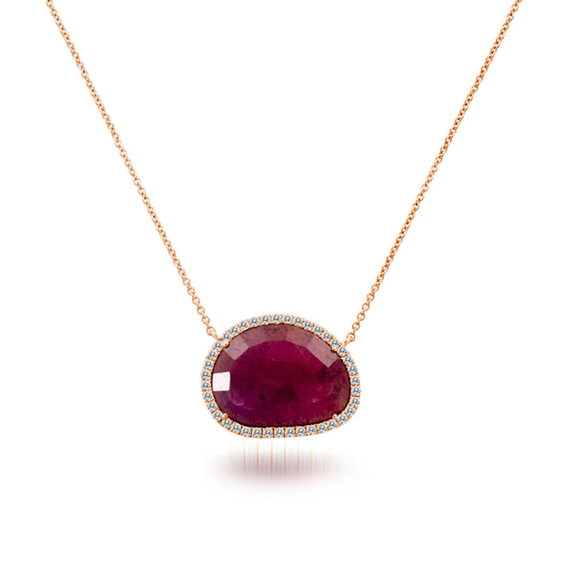 Meira T Rough Cut Ruby Slice Necklace with a Halo of White Diamonds