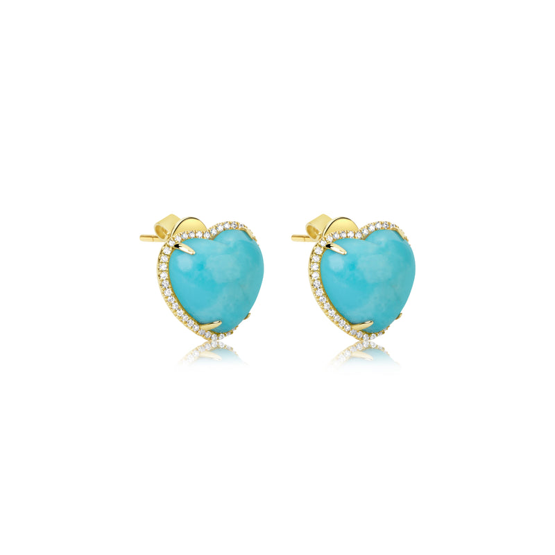 Yellow Gold Turquoise Heart and Diamond Studs