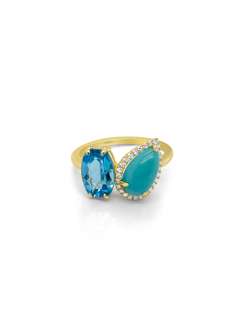 Yellow Gold Blue Topaz And Turquoise Ring