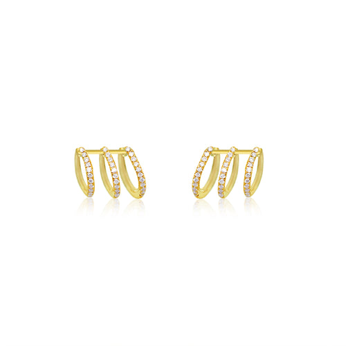 3 hooped yellow gold and diamond illusion studs