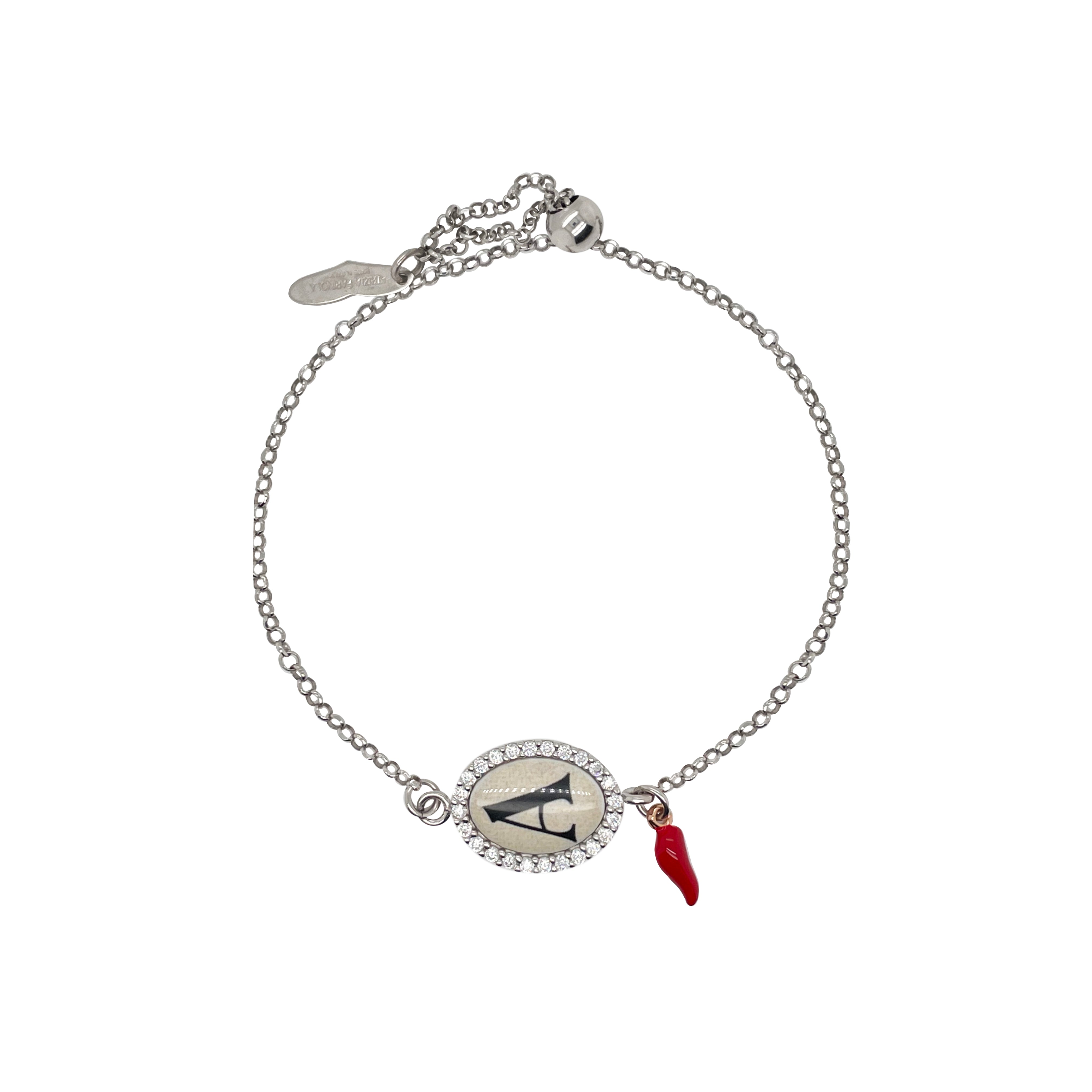 Silver and Enamel Initial Bracelet with Red Italian Horn Charm