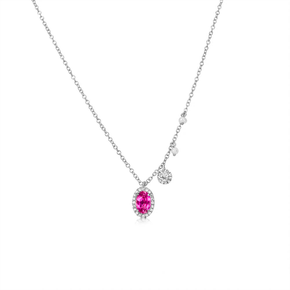 Natural Pink Sapphire Necklace, 14K Solid Gold Diamond Necklace, 0.75 Carats Oval Faceted Gemstone Necklace Women's Jewelry, Gift for Her Pink