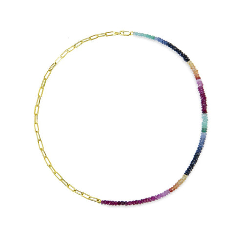 Half and Half Rainbow Sapphire Bead and Gold Plated Paperclip Necklace