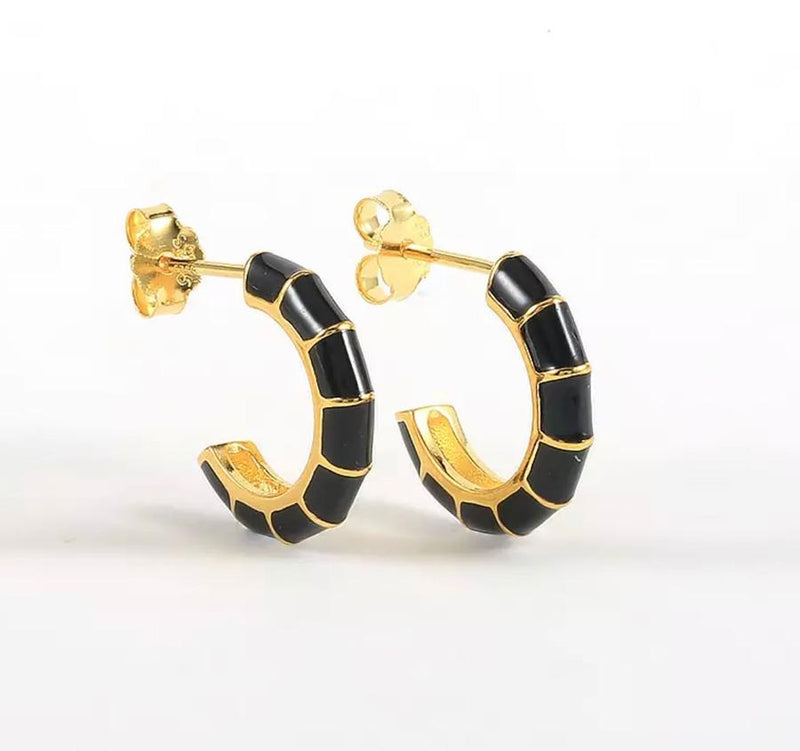 Gold Plated and Enamel Black Striped Earrings