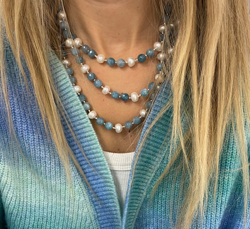 River Pearl and Blue Quartz Long Wrap Necklace