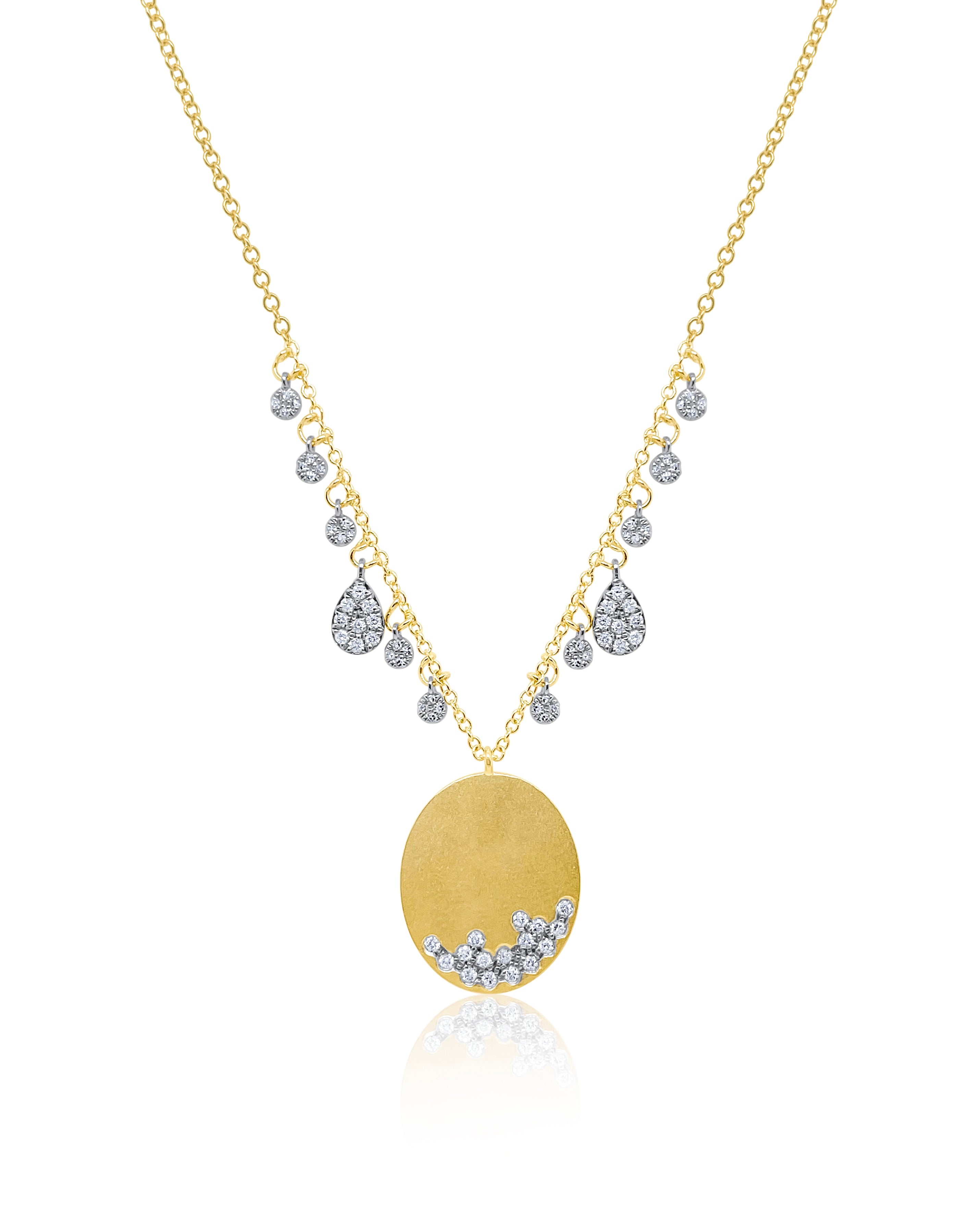 Brushed Yellow Gold Disc Necklace with Diamond Charms Meira T