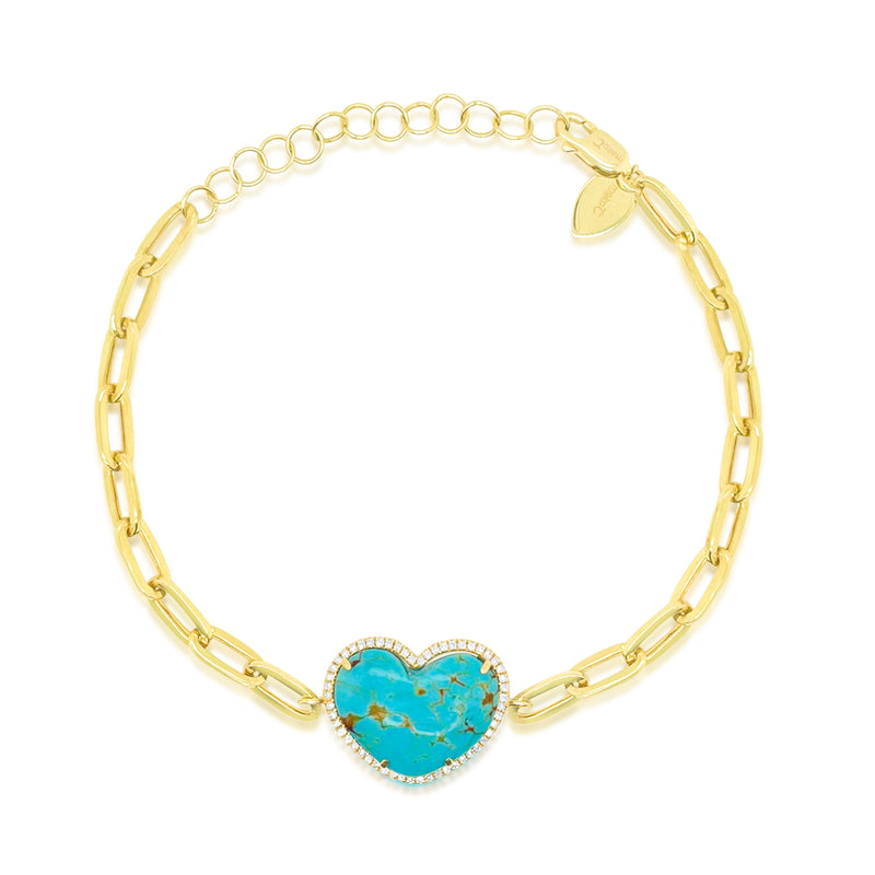 Yellow Gold Paperclip and Turquoise Heart Bracelet