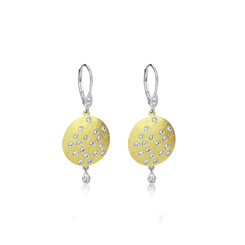 Brushed Gold Disk and Scattered Diamonds Earrings