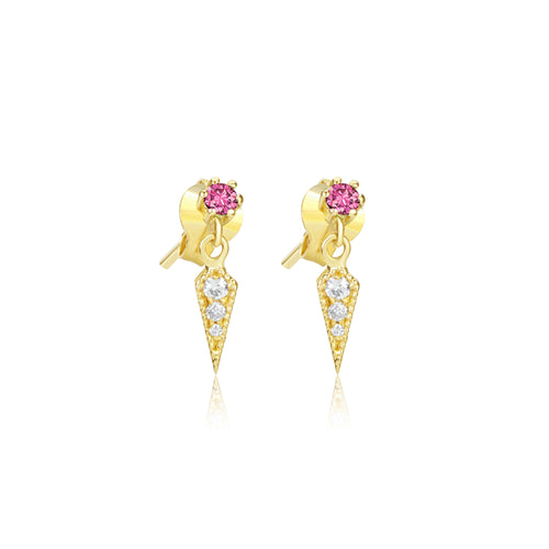 Yellow gold pink sapphire and diamond dagger earrings