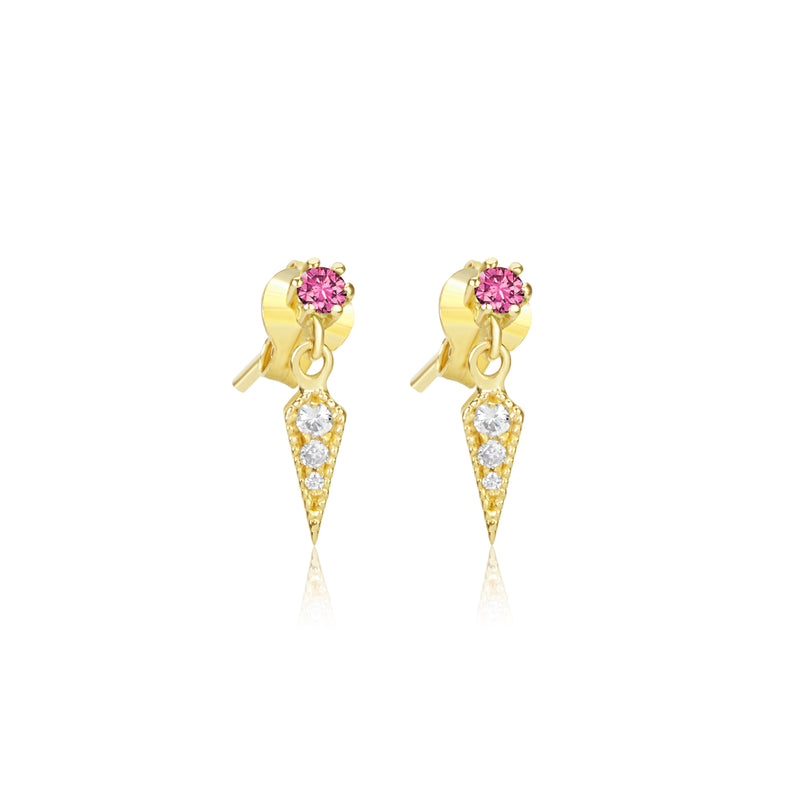 Yellow gold pink sapphire and diamond dagger earrings