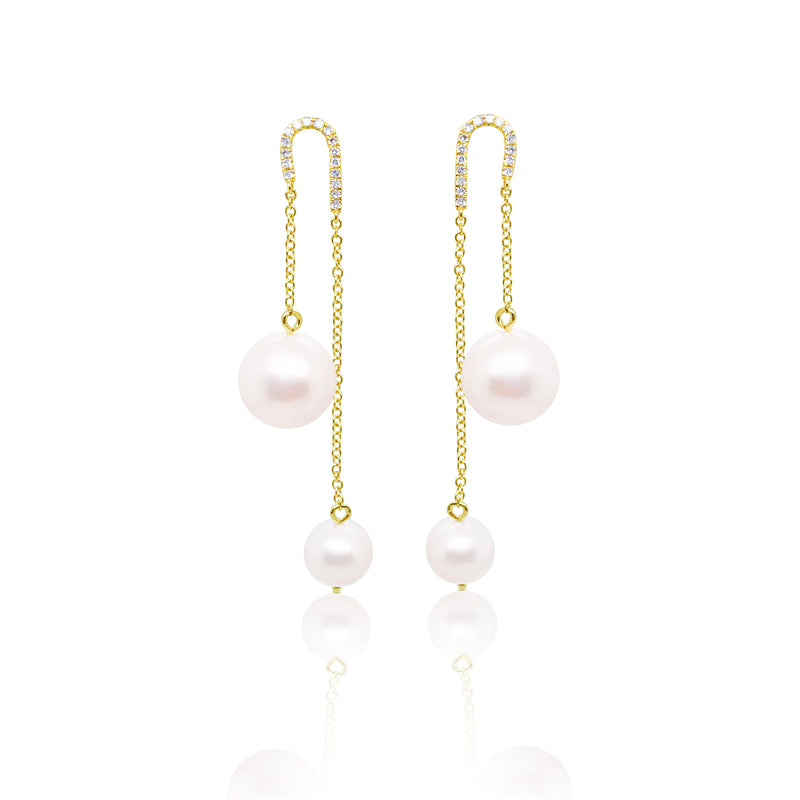 14 Kt Yellow Gold Pearl Chain .09 Ct Diamond Encrusted Earrings
