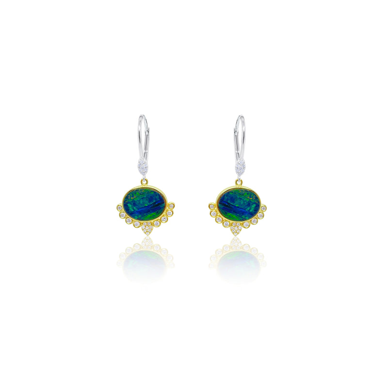 Two Tone Opal and Diamond Border Earrings
