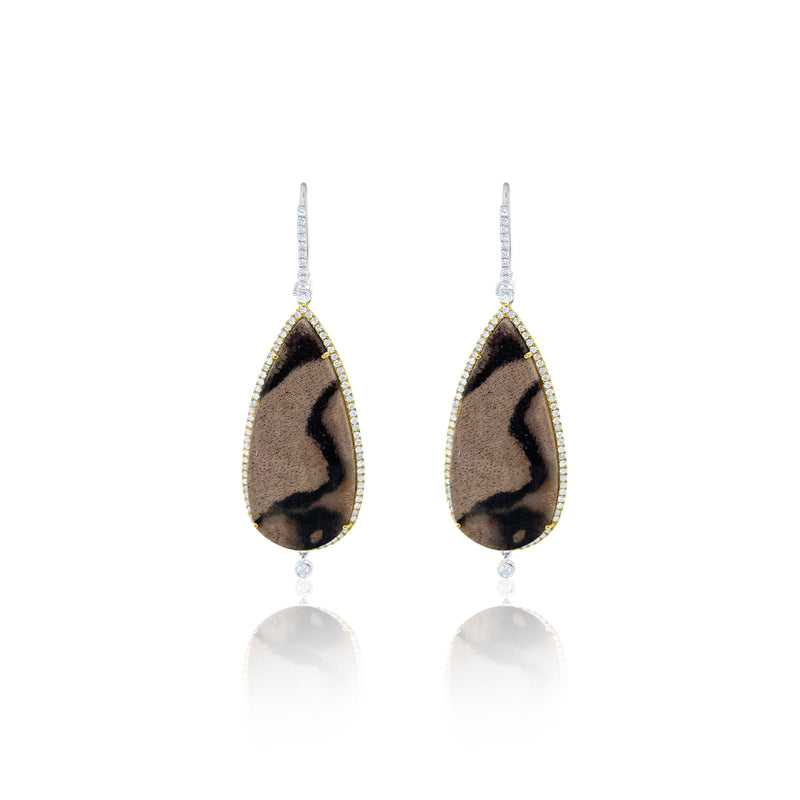 White Gold Statement Petrified Wood Earrings