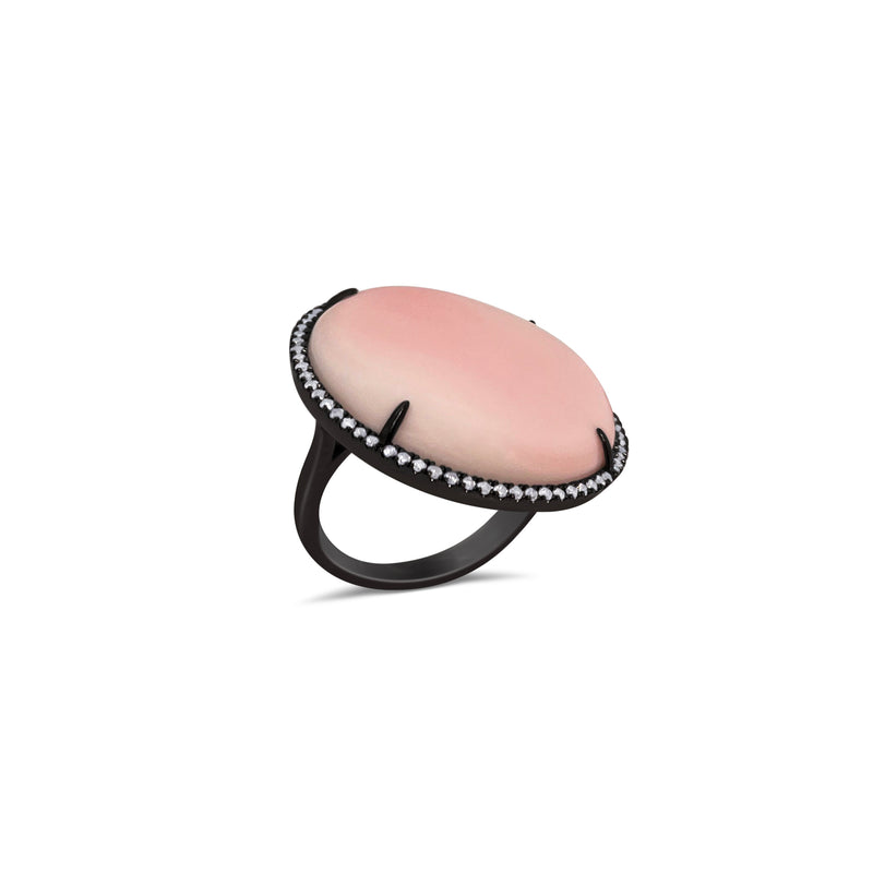 Silver Black Rhodium Pink Opal Gemstone Diamond Ring