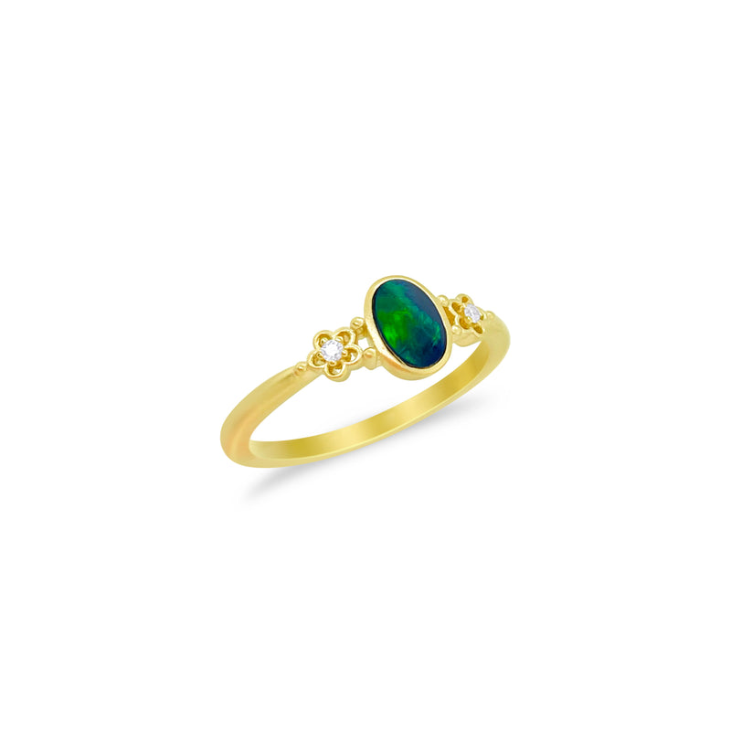 Yellow Gold Opal and Diamond Flower Ring- Size 6.5