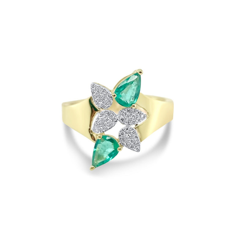 Two Tone Gold Diamond and Emerald Leaf Ring