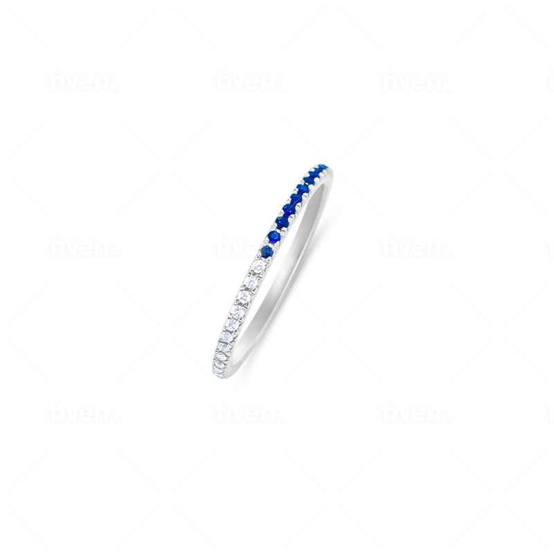 White Gold Half and Half Diamond and Blue Sapphire Band