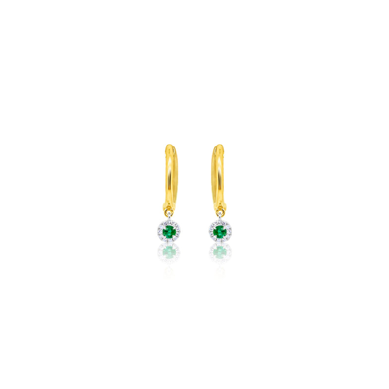 14 Kt Yellow Gold Emerald and .5 ct Diamond Halo Huggie