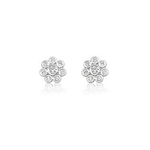 white gold and diamond bezel flower studs