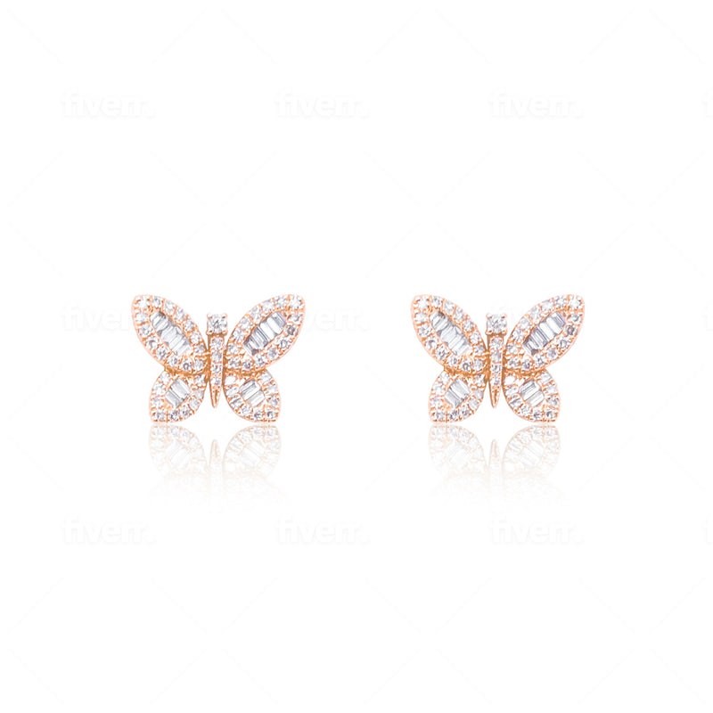 Rose Gold Diamond Baguette Butterfly Studs