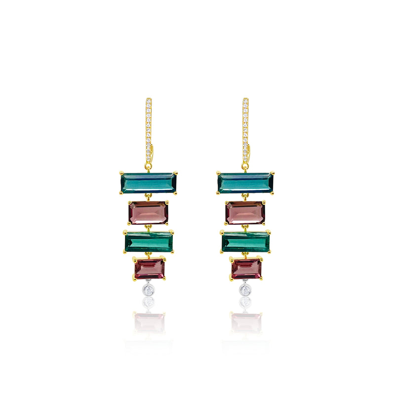 14kt Yellow Gold Pink and Blue Tourmaline Earrings with Diamonds