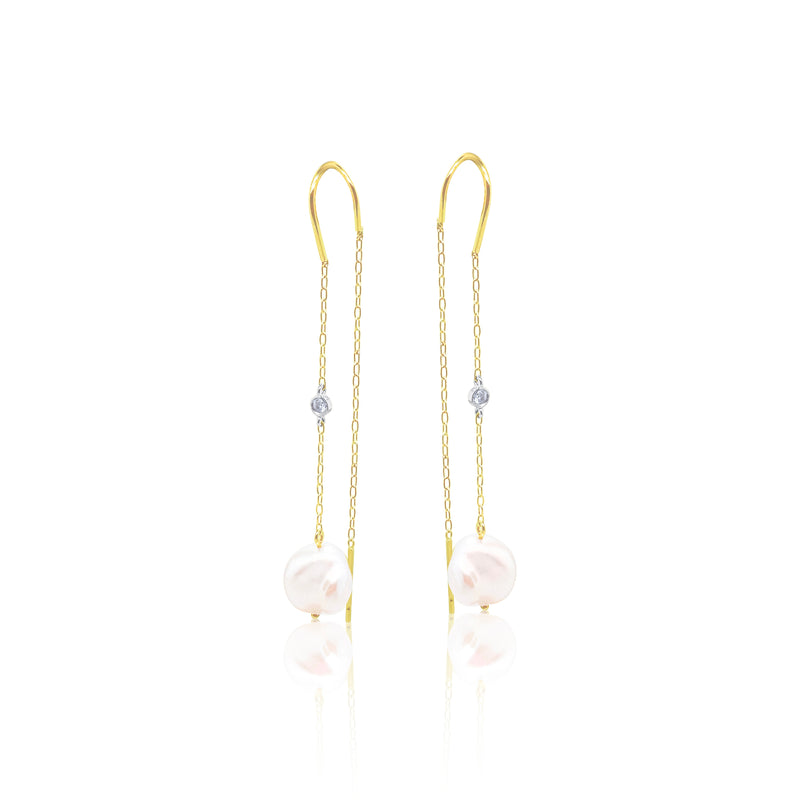 Yellow Gold Pearl Threader Earrings