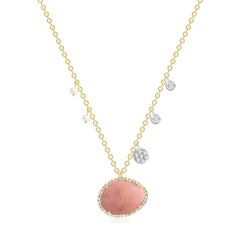 Pink Opal with Off-Centered Pearls & Diamonds Necklace