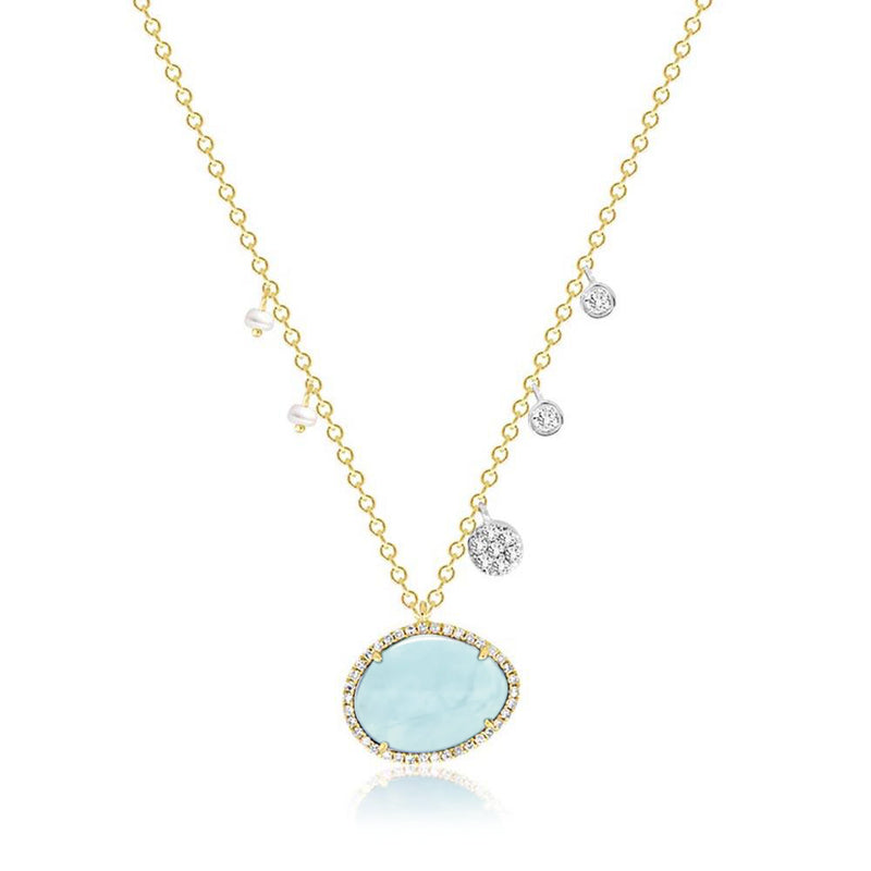 Milky Aqua with Off-Centered Pearls & Diamond Charms
