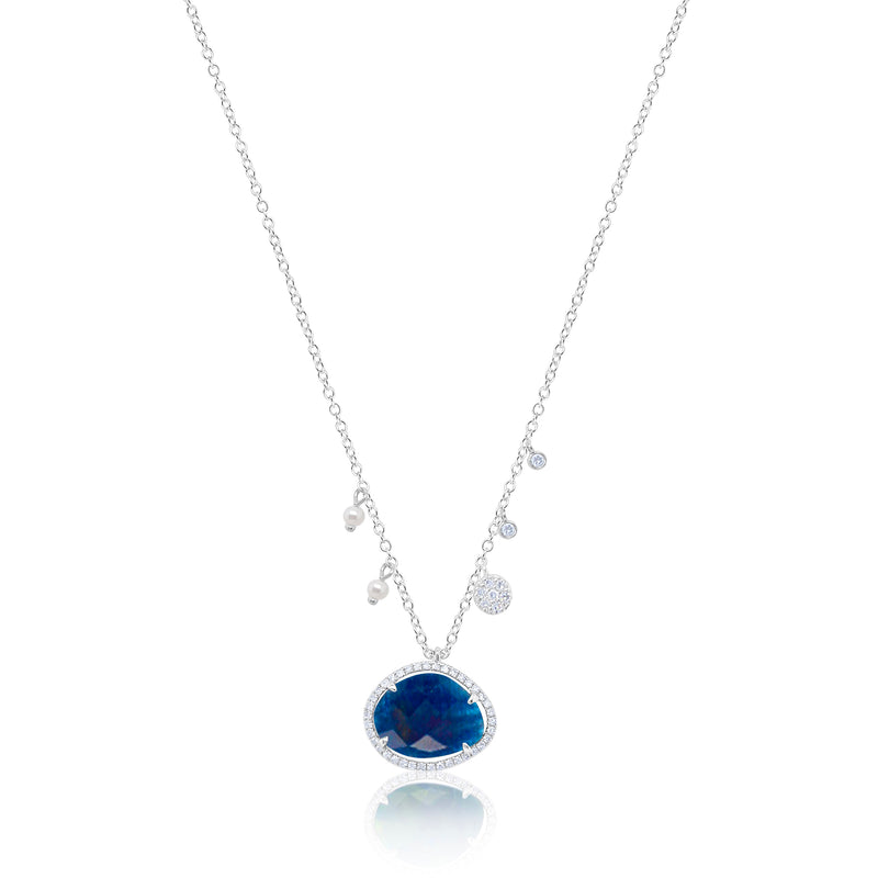 Blue Sapphire with Off-Centered Pearls & Diamonds Necklace