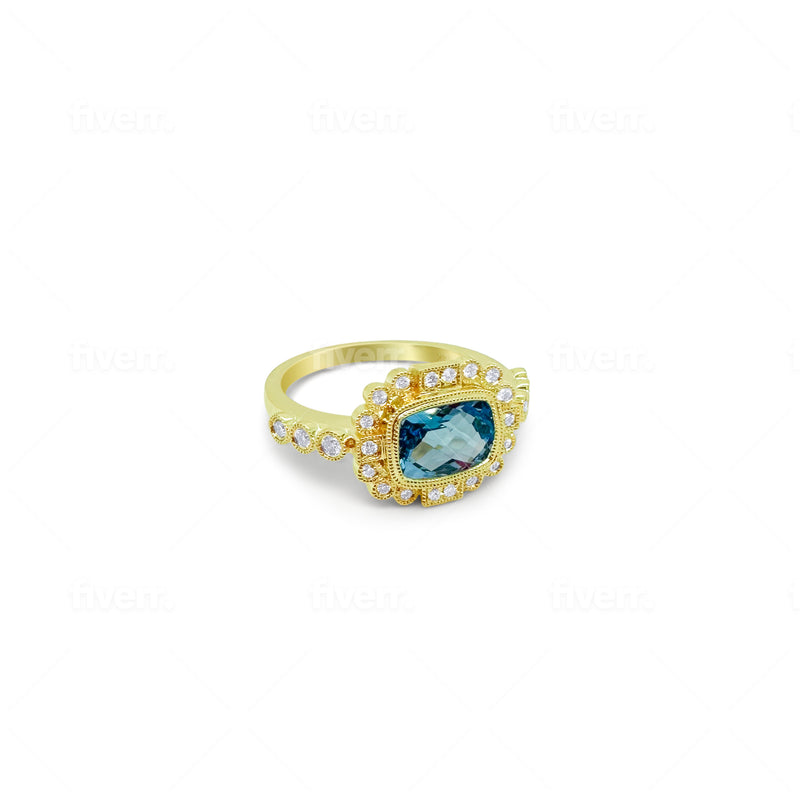 Yellow Gold Blue Topaz and Diamond Ring